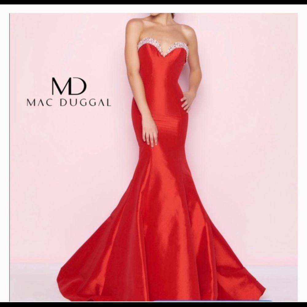 **SOLD** Mac Duggal red strapless pageant dress